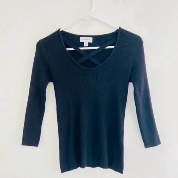 Carmen Marc Valvo Black Stretchy Knit Ribbed Long Sleeve Top Large - Picture 2 of 6